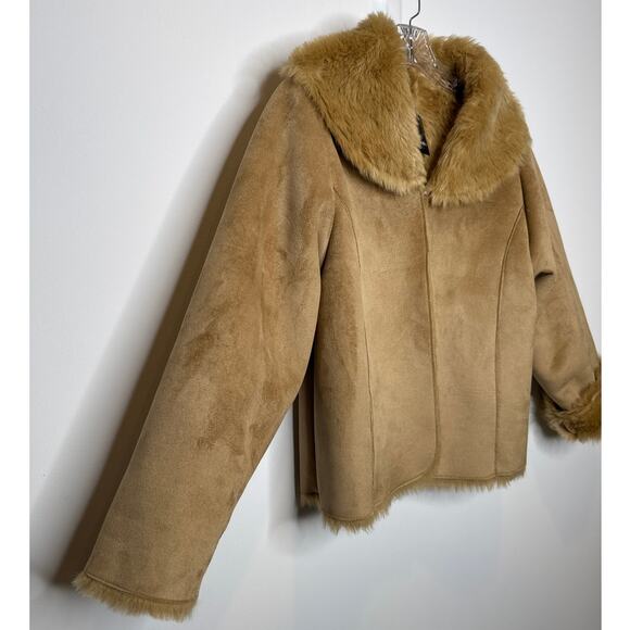 NWT Mixit Retro Faux Suede Fur large shawl collar Jacket coat Camel Brown large - Picture 14 of 15